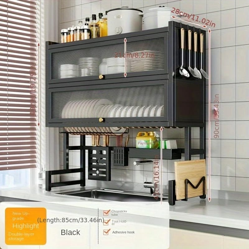 Secaplatos Organizador de Cocina con Porta Cubiertos para Fregadero. De Acero al Carbono Antipolvo, ideal para Platos, Bowls y Tablas de Picar.
