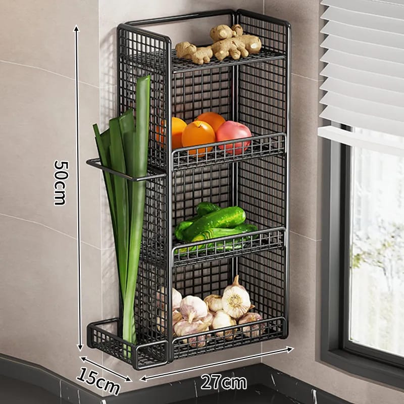 Kitchen Organizer Wall Mounted Produce Rack, No Drilling Onion Garlic Storage Basket, Multifunctional Fruit Vegetable Holder
