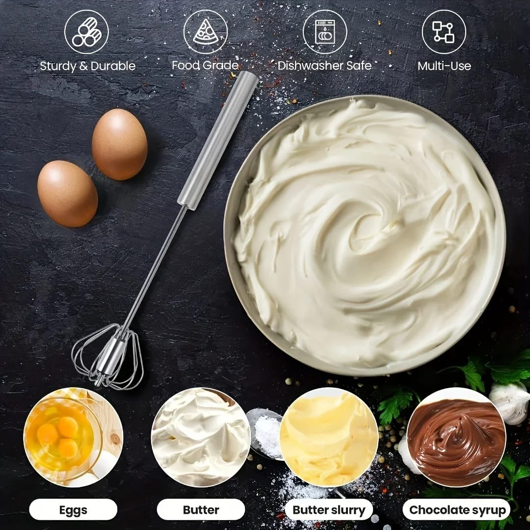 Stainless Steel Egg Beater – Durable Semi-Automatic Mixer for Effortless Egg Cream Whipping – Kitchen Baking Stirring Tool