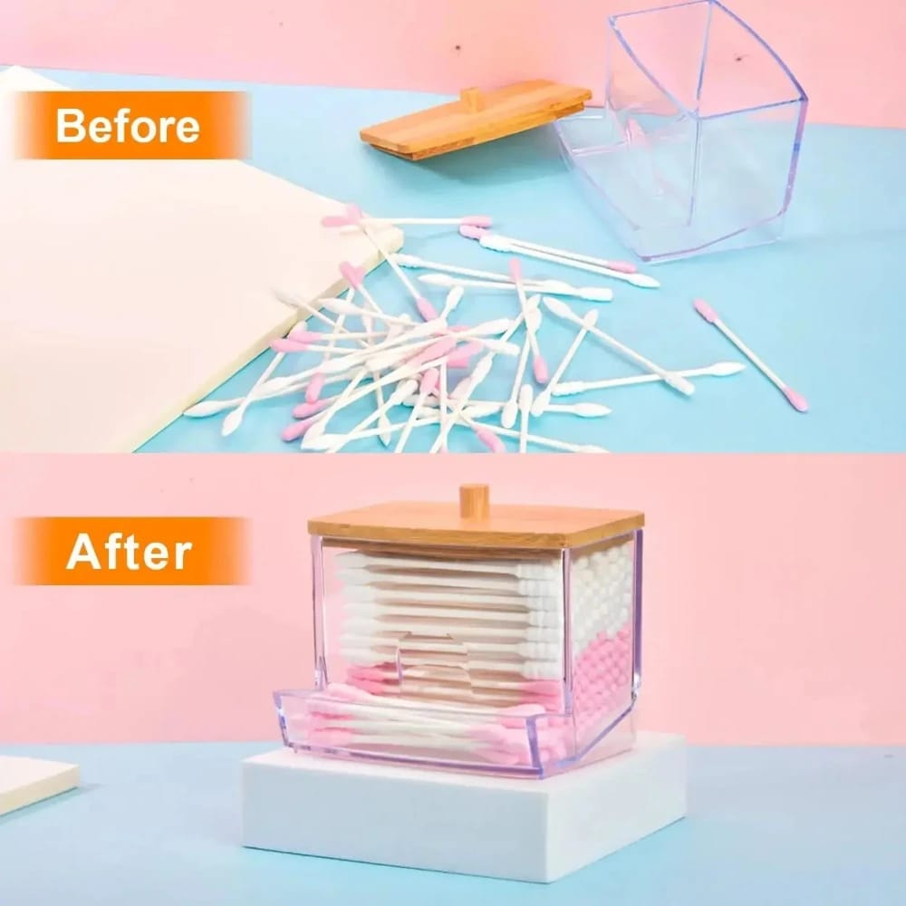 Organizador De Hisopos Con Tapa De Bambú Frasco De Baño Transparente Dispenser Swab