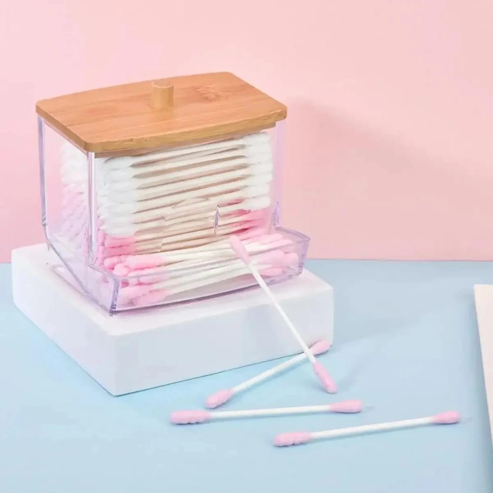 Organizador De Hisopos Con Tapa De Bambú Frasco De Baño Transparente Dispenser Swab