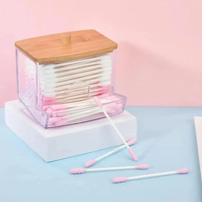 Organizador De Hisopos Con Tapa De Bambú Frasco De Baño Transparente Dispenser Swab