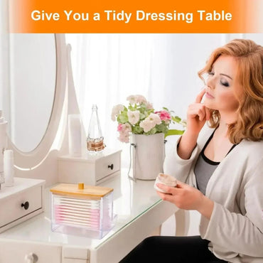 Organizador De Hisopos Con Tapa De Bambú Frasco De Baño Transparente Dispenser Swab