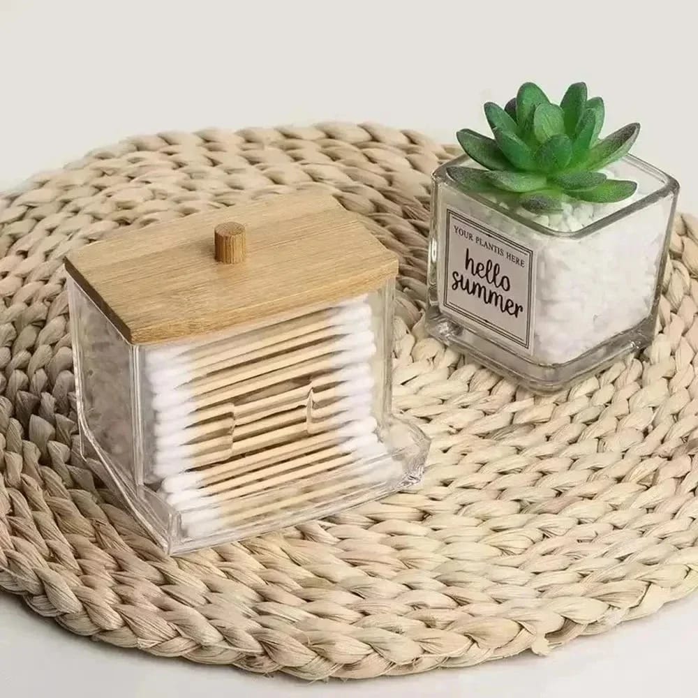 Organizador De Hisopos Con Tapa De Bambú Frasco De Baño Transparente Dispenser Swab