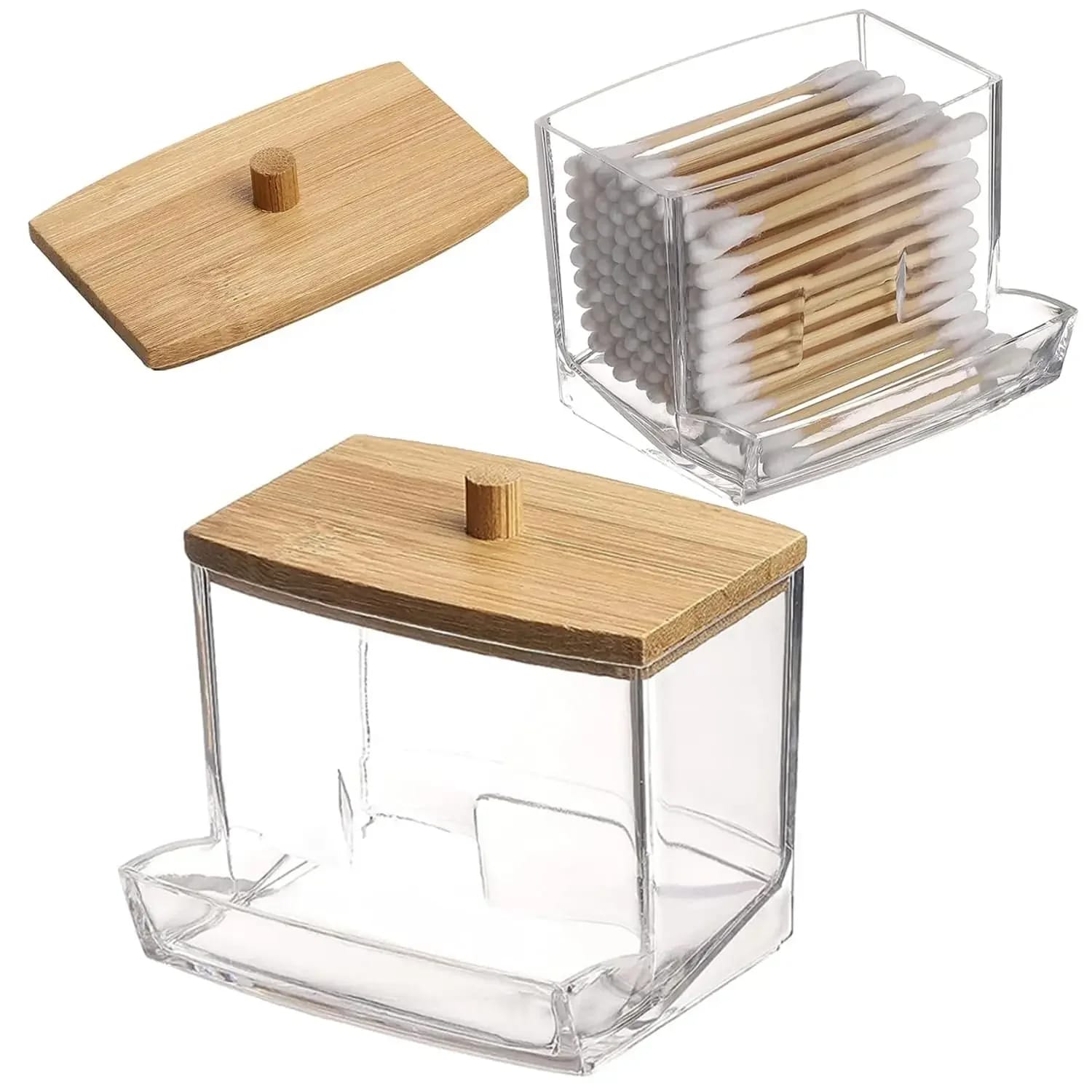 Organizador De Hisopos Con Tapa De Bambú Frasco De Baño Transparente Dispenser Swab