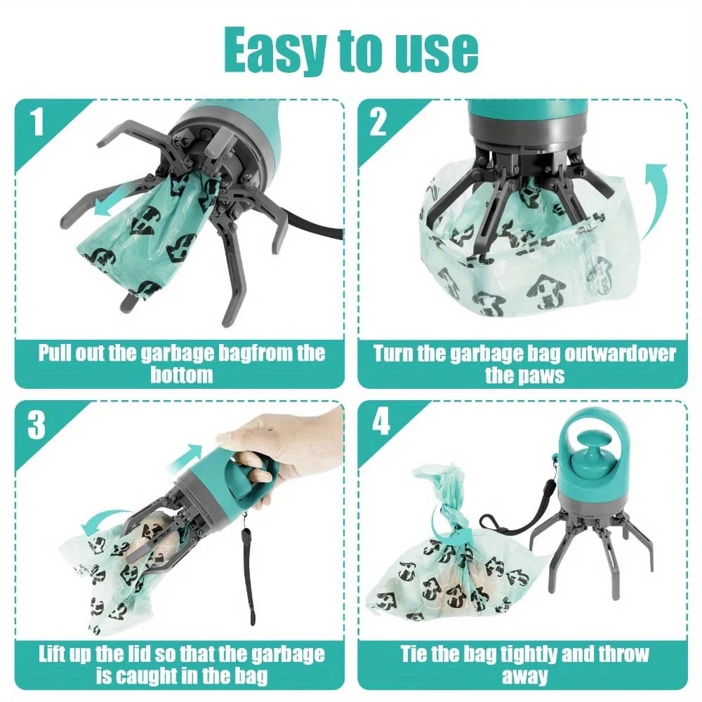 Kit Portátil Recoge Heces Con Pinza De 6 Garras Para Perros