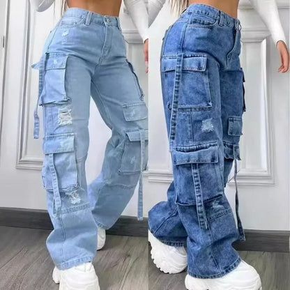 Pantalones de Jean Denim Mujer Tiro Alto, Talle Grande, Multipocket, Color Sólido, Versátiles y Casuales. Moda 2025.