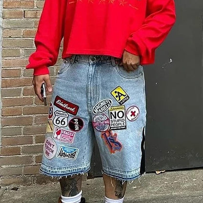 Shorts Bermudas de Jean Retro Y2K Unisex con Tachas y Letras Estilo Hip Hop Vintage Azul Lavado Baggy