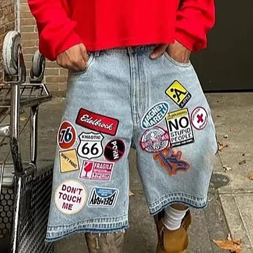 Shorts Bermudas de Jean Retro Y2K Unisex con Tachas y Letras Estilo Hip Hop Vintage Azul Lavado Baggy