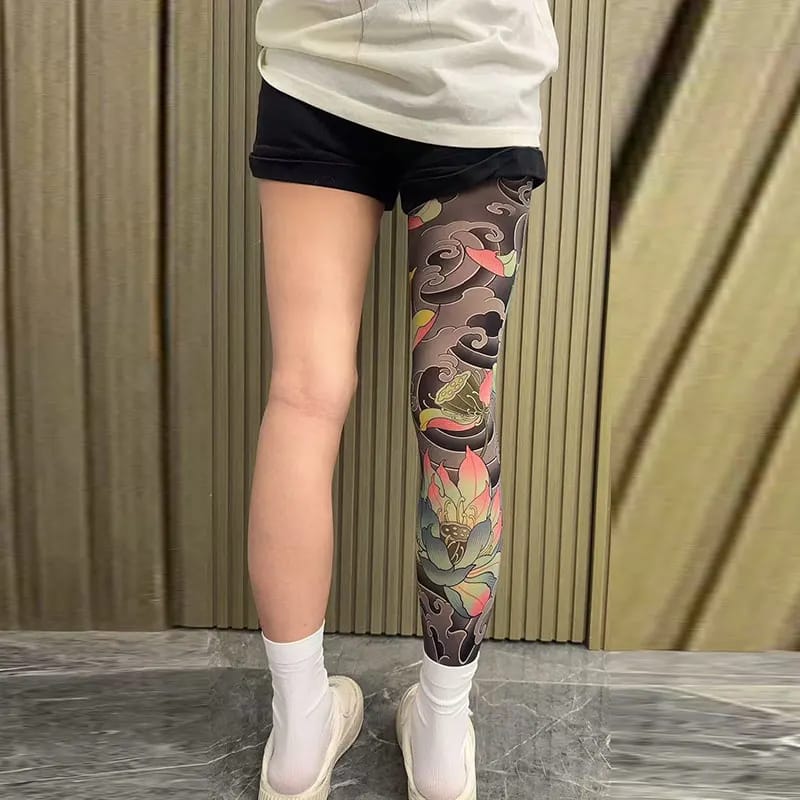 Manga de Pierna Japonesa con Tatuaje de Flor, Diseño Sexy. Para Hombre y Mujer, Elástica, Resistente a Rasguños. Ideal para Viajes y Ciclismo.