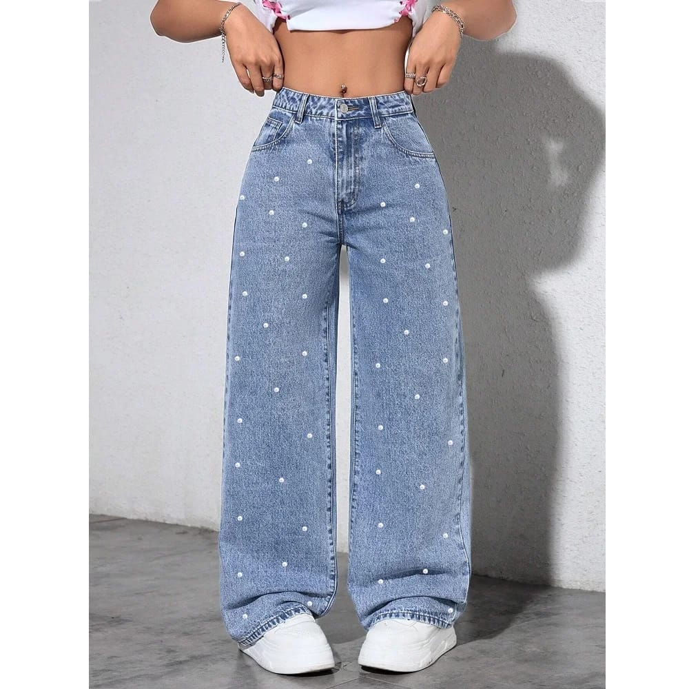 Pantalones de Jean de Mujer Tiro Alto Rectos con Perlas, Estilo de Moda