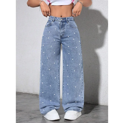 Pantalones de Jean de Mujer Tiro Alto Rectos con Perlas, Estilo de Moda