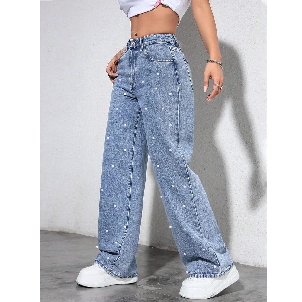 Pantalones de Jean de Mujer Tiro Alto Rectos con Perlas, Estilo de Moda
