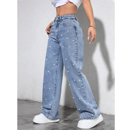 Pantalones de Jean de Mujer Tiro Alto Rectos con Perlas, Estilo de Moda