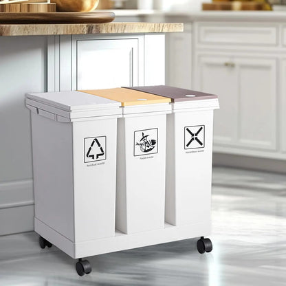 Cubo de Basura con Ruedas de 3 Compartimentos x 20L (60L Total) para Reciclaje y Separación de Residuos en Cocina. Material Plástico.