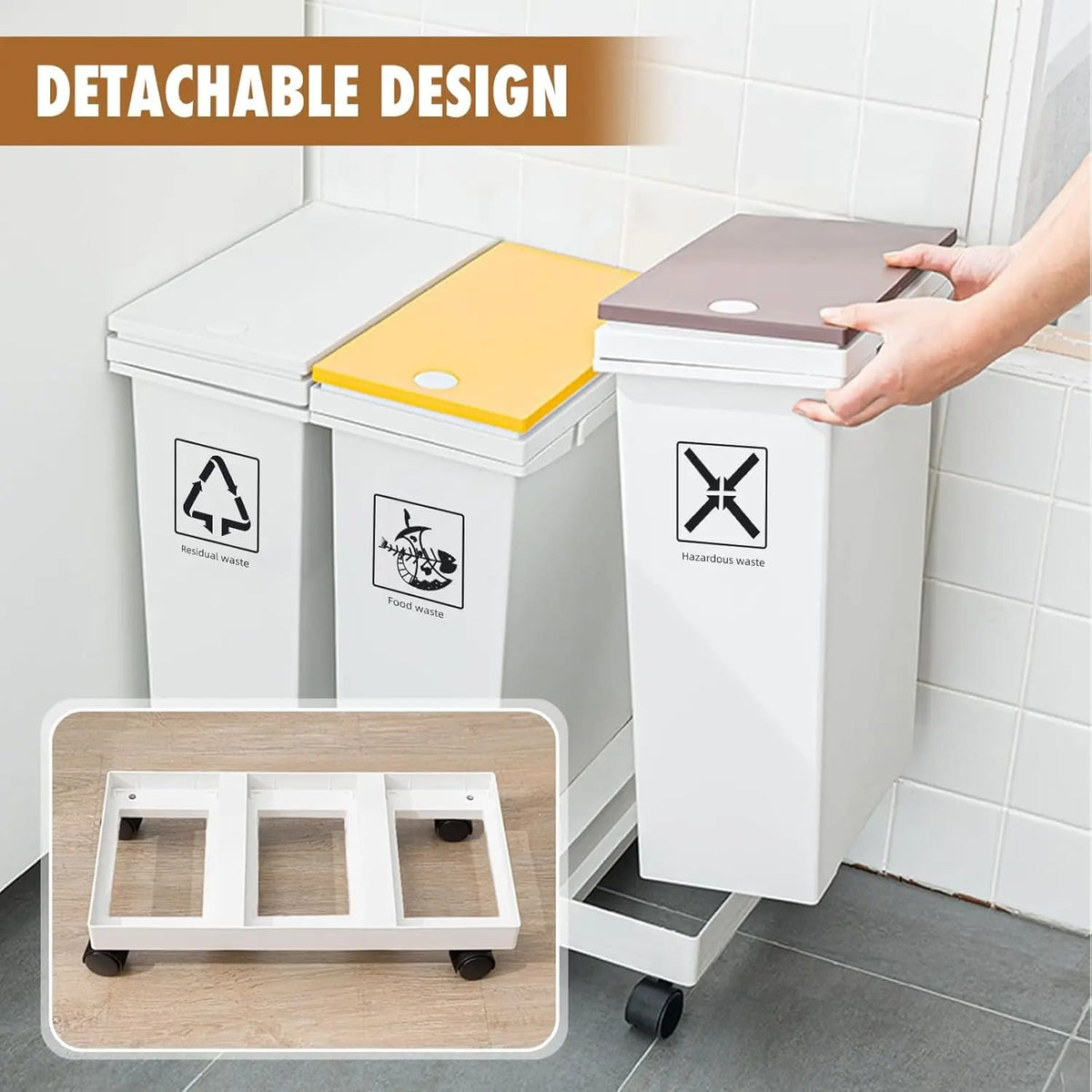 Cubo de Basura con Ruedas de 3 Compartimentos x 20L (60L Total) para Reciclaje y Separación de Residuos en Cocina. Material Plástico.