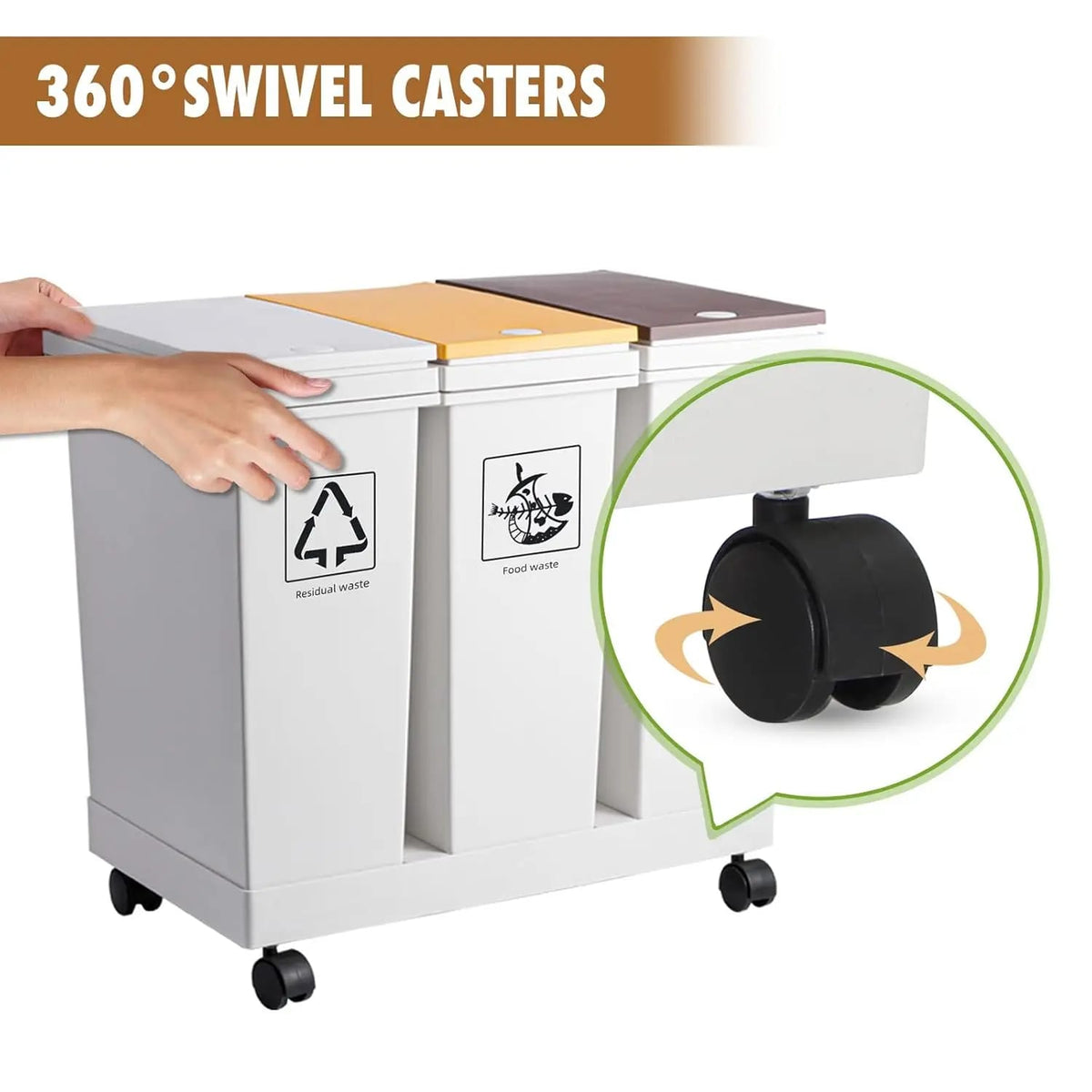 Cubo de Basura con Ruedas de 3 Compartimentos x 20L (60L Total) para Reciclaje y Separación de Residuos en Cocina. Material Plástico.