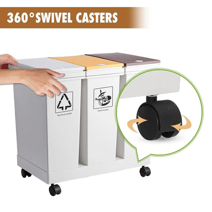 Cubo de Basura con Ruedas de 3 Compartimentos x 20L (60L Total) para Reciclaje y Separación de Residuos en Cocina. Material Plástico.