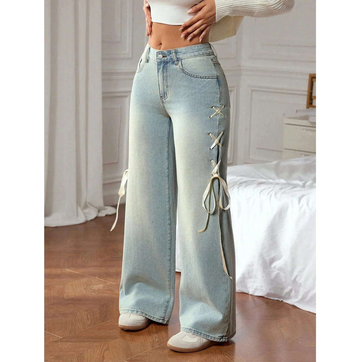 Pantalones Vaqueros Casuales de Mujer Pierna Ancha Loose Fit con Lazo en la Cintura. Jeans de Moda Tiro Bajo Rectos y Elegantes.