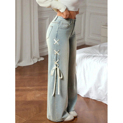 Pantalones Vaqueros Casuales de Mujer Pierna Ancha Loose Fit con Lazo en la Cintura. Jeans de Moda Tiro Bajo Rectos y Elegantes.