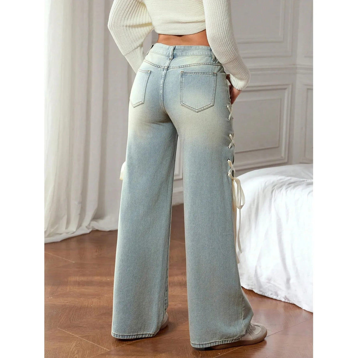 Pantalones Vaqueros Casuales de Mujer Pierna Ancha Loose Fit con Lazo en la Cintura. Jeans de Moda Tiro Bajo Rectos y Elegantes.