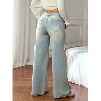 Pantalones Vaqueros Casuales de Mujer Pierna Ancha Loose Fit con Lazo en la Cintura. Jeans de Moda Tiro Bajo Rectos y Elegantes.