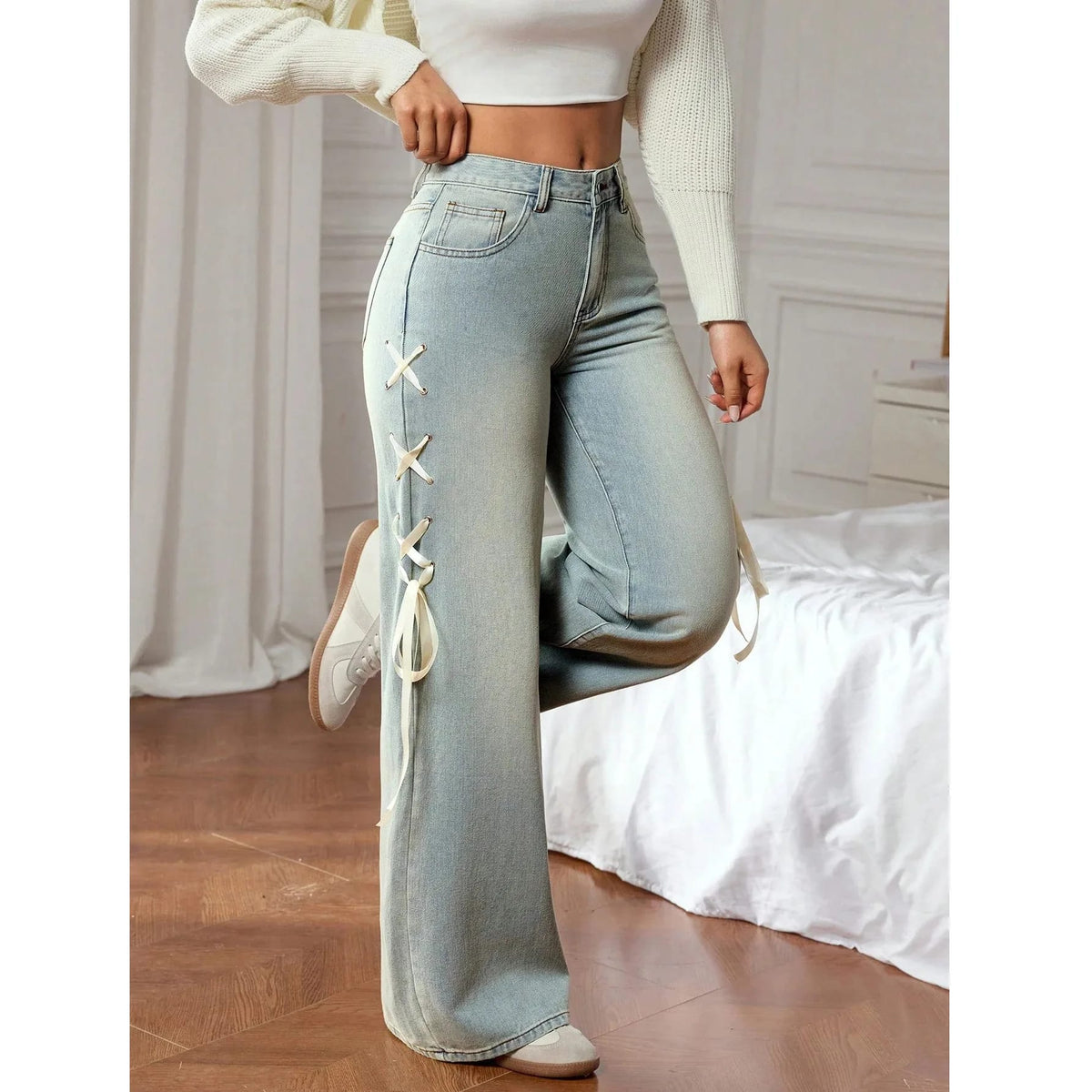 Pantalones Vaqueros Casuales de Mujer Pierna Ancha Loose Fit con Lazo en la Cintura. Jeans de Moda Tiro Bajo Rectos y Elegantes.