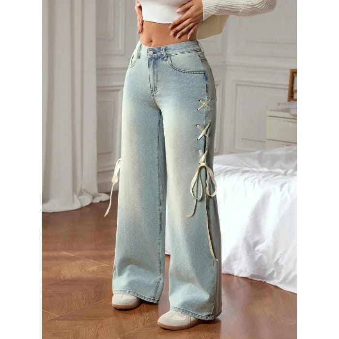 Pantalones Vaqueros Casuales de Mujer Pierna Ancha Loose Fit con Lazo en la Cintura. Jeans de Moda Tiro Bajo Rectos y Elegantes.