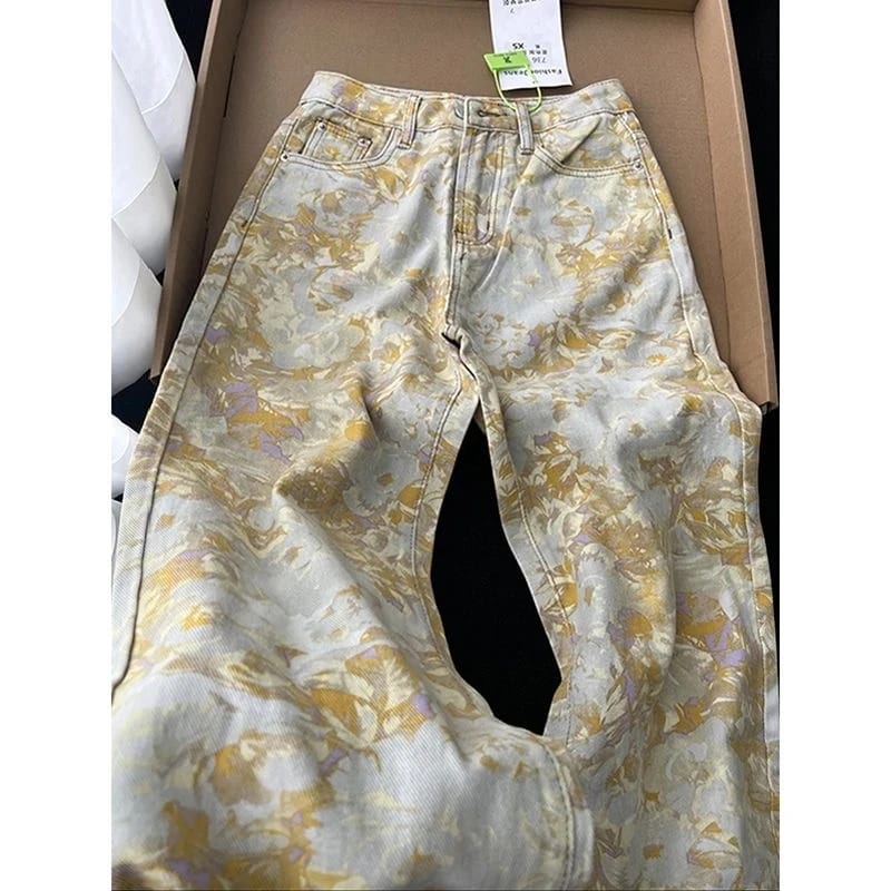 Jeans Mujer Y2K Otoño Invierno 2025, Pierna Ancha Holgada, Diseño Tie Dye Amarillo y Camuflado
