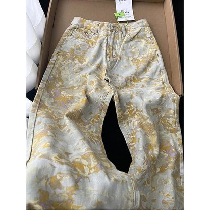 Jeans Mujer Y2K Otoño Invierno 2025, Pierna Ancha Holgada, Diseño Tie Dye Amarillo y Camuflado