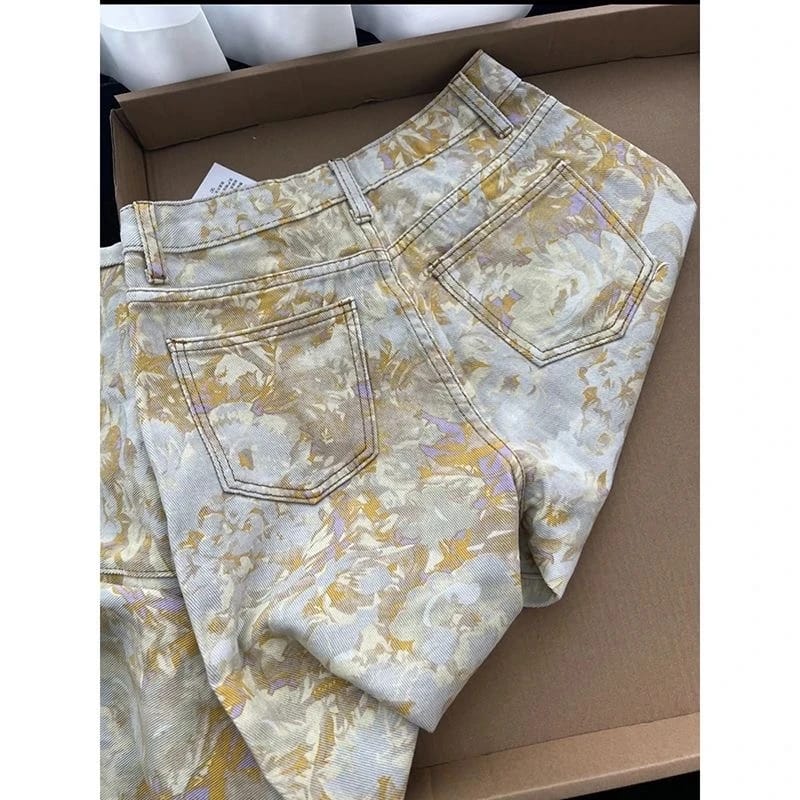 Jeans Mujer Y2K Otoño Invierno 2025, Pierna Ancha Holgada, Diseño Tie Dye Amarillo y Camuflado