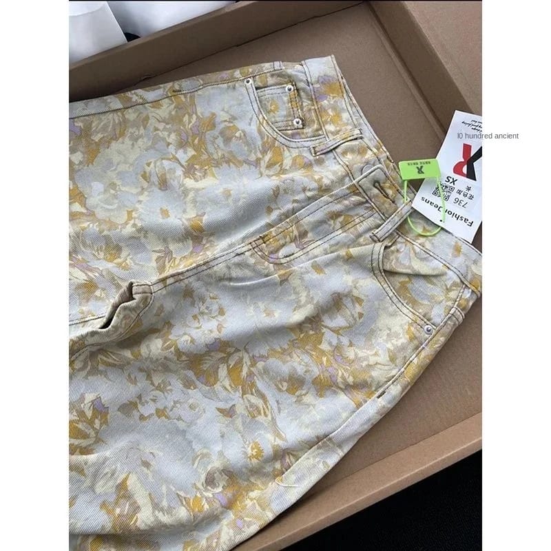 Jeans Mujer Y2K Otoño Invierno 2025, Pierna Ancha Holgada, Diseño Tie Dye Amarillo y Camuflado