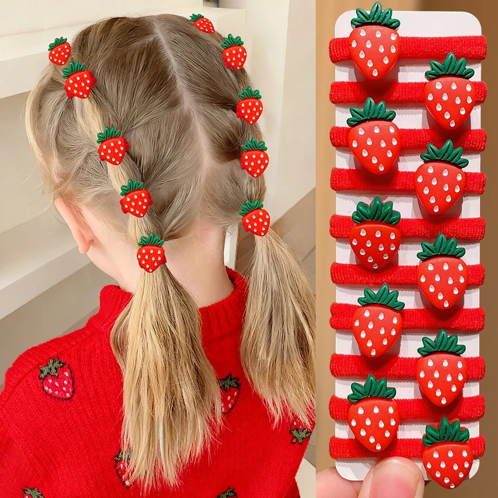 Set de 10 Gomas para el Pelo de Frutillas Multicolor para Niñas. Accesorios de Diseño Adorable para Peinados Diarios y Festivos. Regalo Ideal.