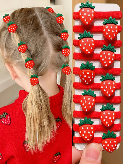 Set de 10 Gomas para el Pelo de Frutillas Multicolor para Niñas. Accesorios de Diseño Adorable para Peinados Diarios y Festivos. Regalo Ideal.