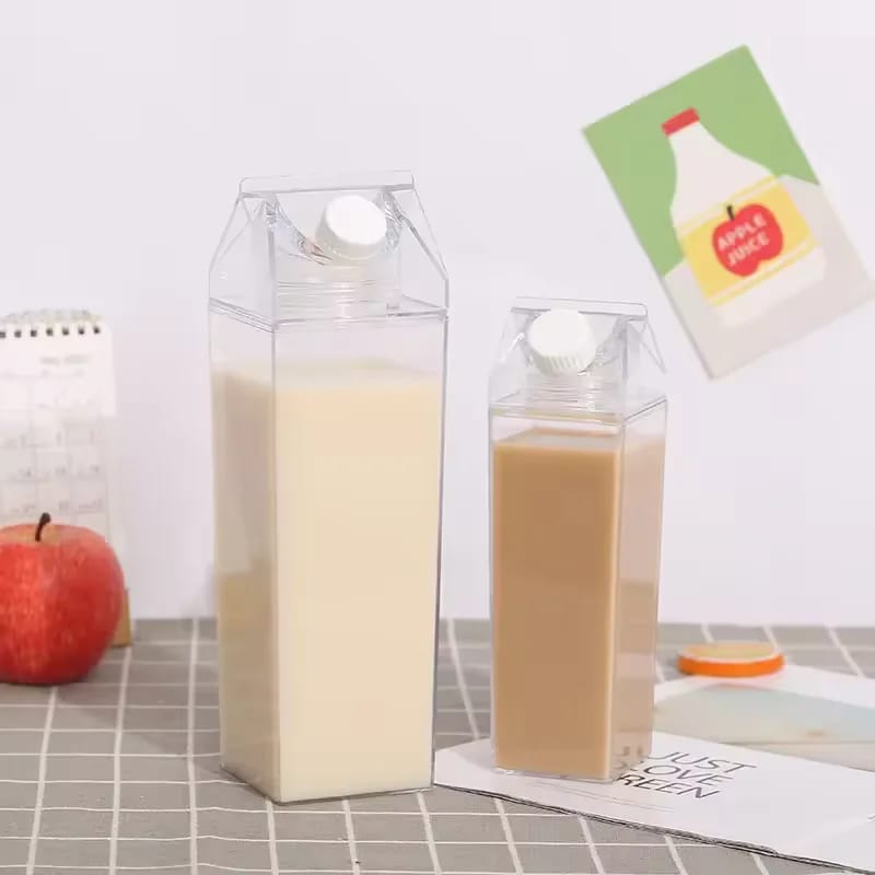 Botella de Agua Transparente Diseño Caja de Leche 500/1000ml. Estilo Coreano, Juvenil y Portátil de Gran Capacidad.