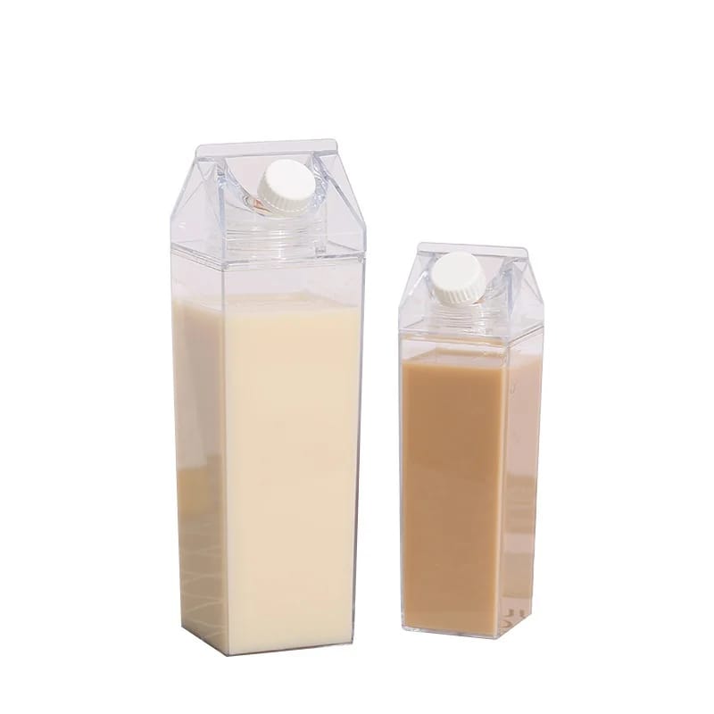 Botella de Agua Transparente Diseño Caja de Leche 500/1000ml. Estilo Coreano, Juvenil y Portátil de Gran Capacidad.