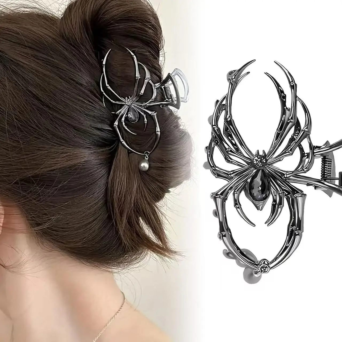 Pinza de Pelo Y2K Estilo Calavera Araña con Strass y Perlas Imitación. Accesorio de Metal Personalizado.