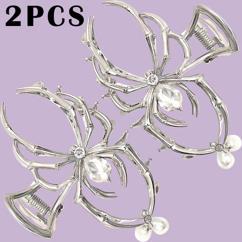 Pinza de Pelo Y2K Estilo Calavera Araña con Strass y Perlas Imitación. Accesorio de Metal Personalizado.