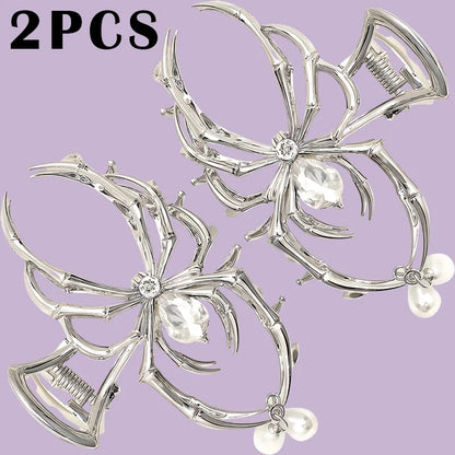 Pinza de Pelo Y2K Estilo Calavera Araña con Strass y Perlas Imitación. Accesorio de Metal Personalizado.