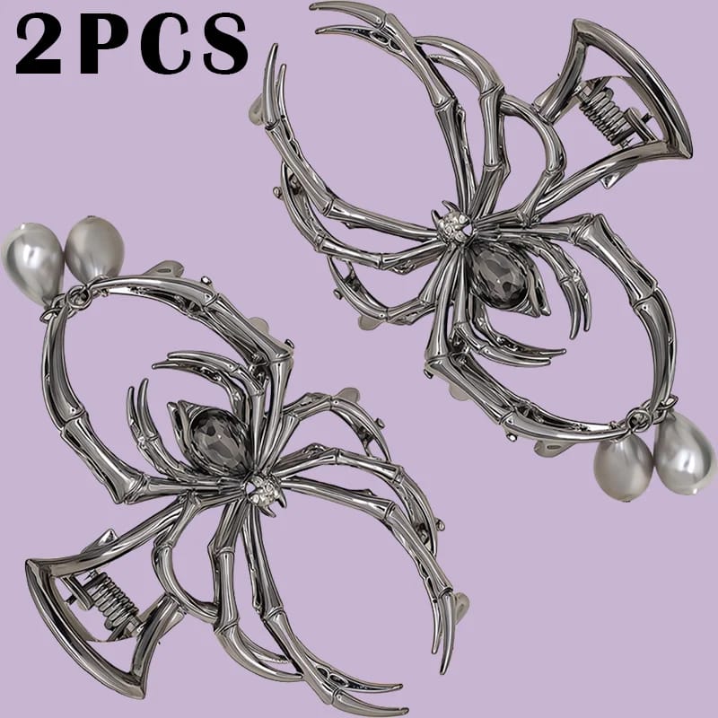 Pinza de Pelo Y2K Estilo Calavera Araña con Strass y Perlas Imitación. Accesorio de Metal Personalizado.