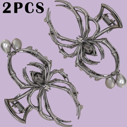 Pinza de Pelo Y2K Estilo Calavera Araña con Strass y Perlas Imitación. Accesorio de Metal Personalizado.