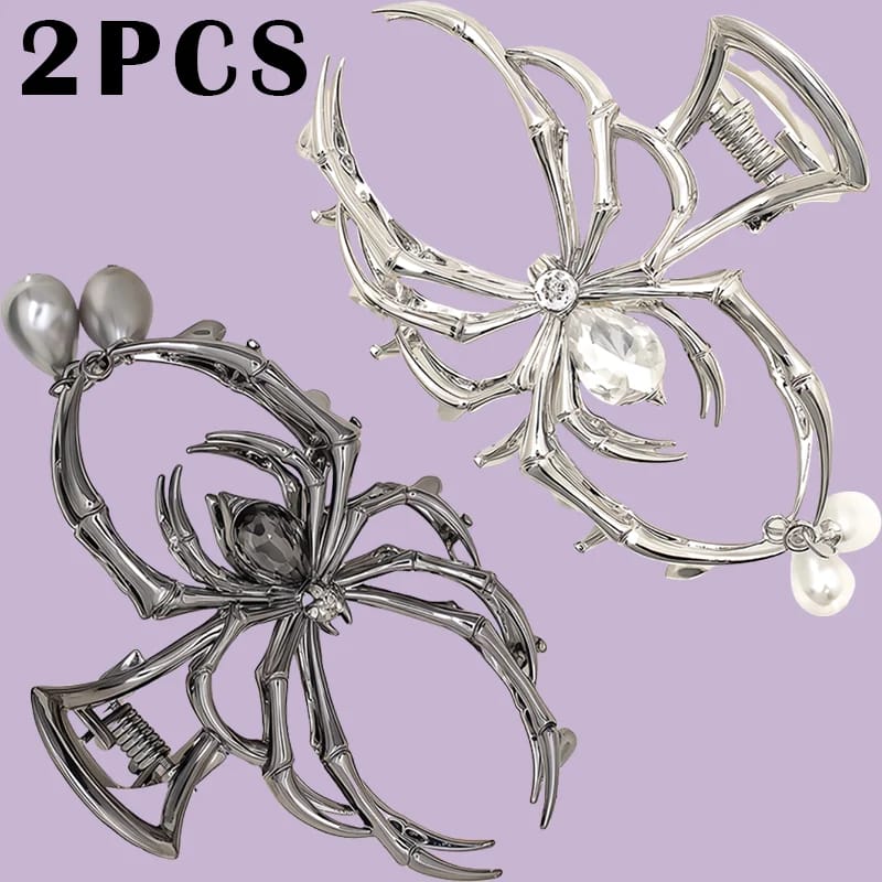 Pinza de Pelo Y2K Estilo Calavera Araña con Strass y Perlas Imitación. Accesorio de Metal Personalizado.