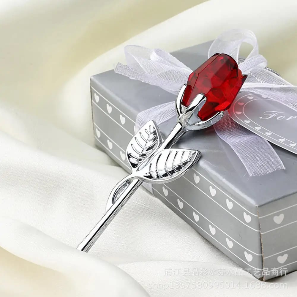 Rosa de Cristal Artificial con Tallo para Regalo San Valentín, Novia o Souvenir de Boda. Flor Decorativa de Vidrio.