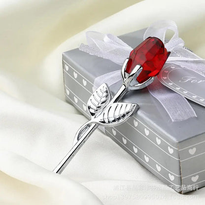 Rosa de Cristal Artificial con Tallo para Regalo San Valentín, Novia o Souvenir de Boda. Flor Decorativa de Vidrio.