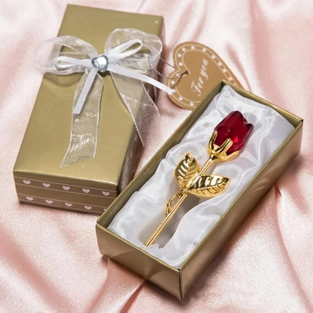 Rosa de Cristal Artificial con Tallo para Regalo San Valentín, Novia o Souvenir de Boda. Flor Decorativa de Vidrio.
