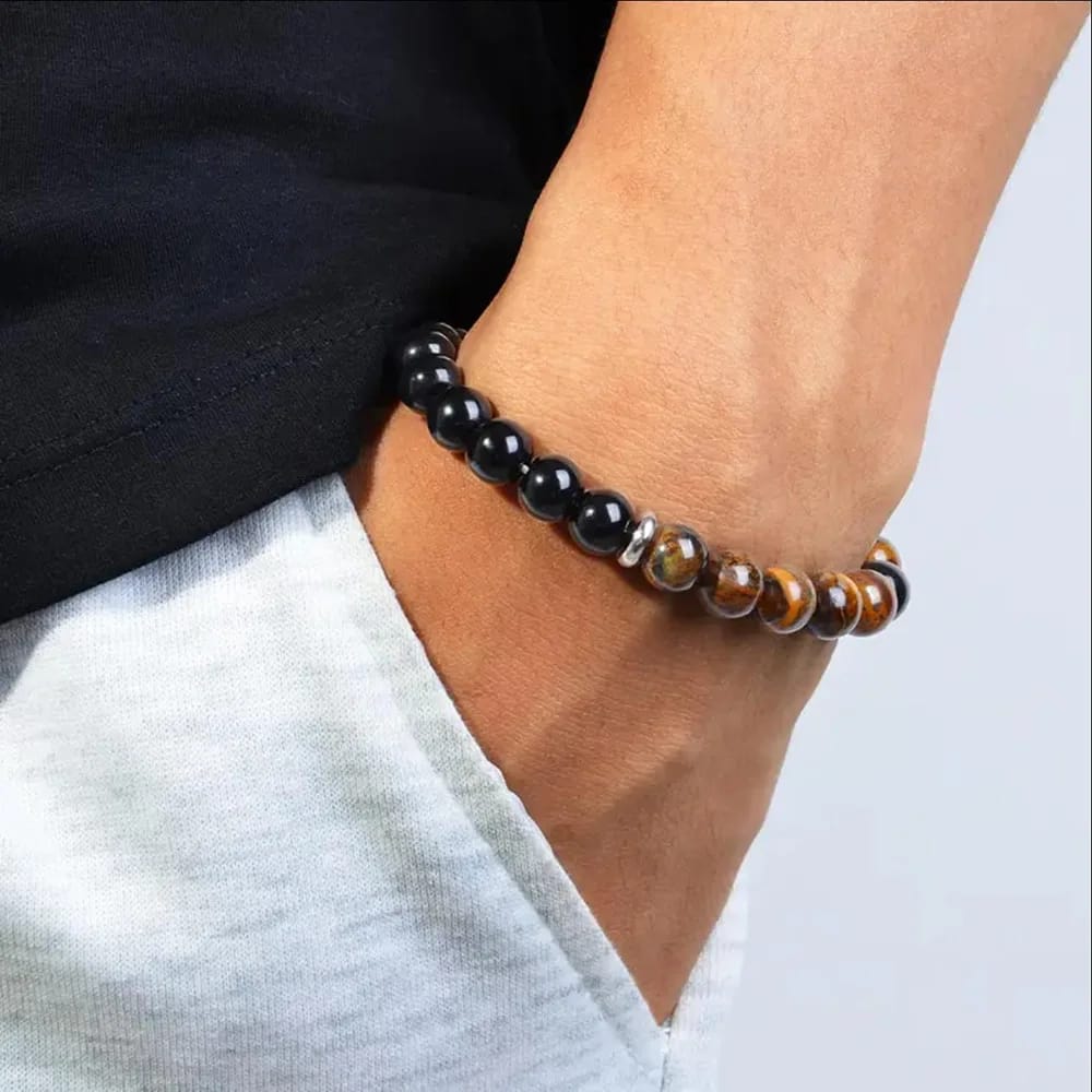 Pulsera de Triple Protección con Ojo de Tigre, Obsidiana Negra y Hematita. Piedras naturales de 8mm, elástica.