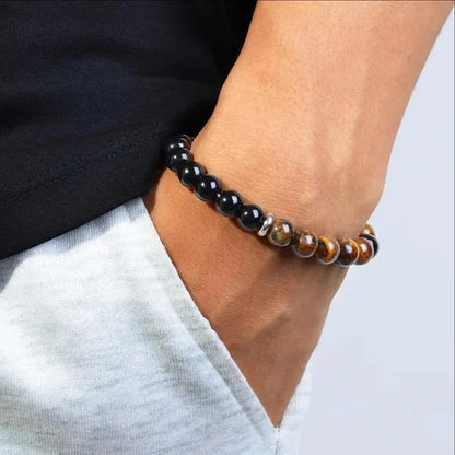Pulsera de Triple Protección con Ojo de Tigre, Obsidiana Negra y Hematita. Piedras naturales de 8mm, elástica.