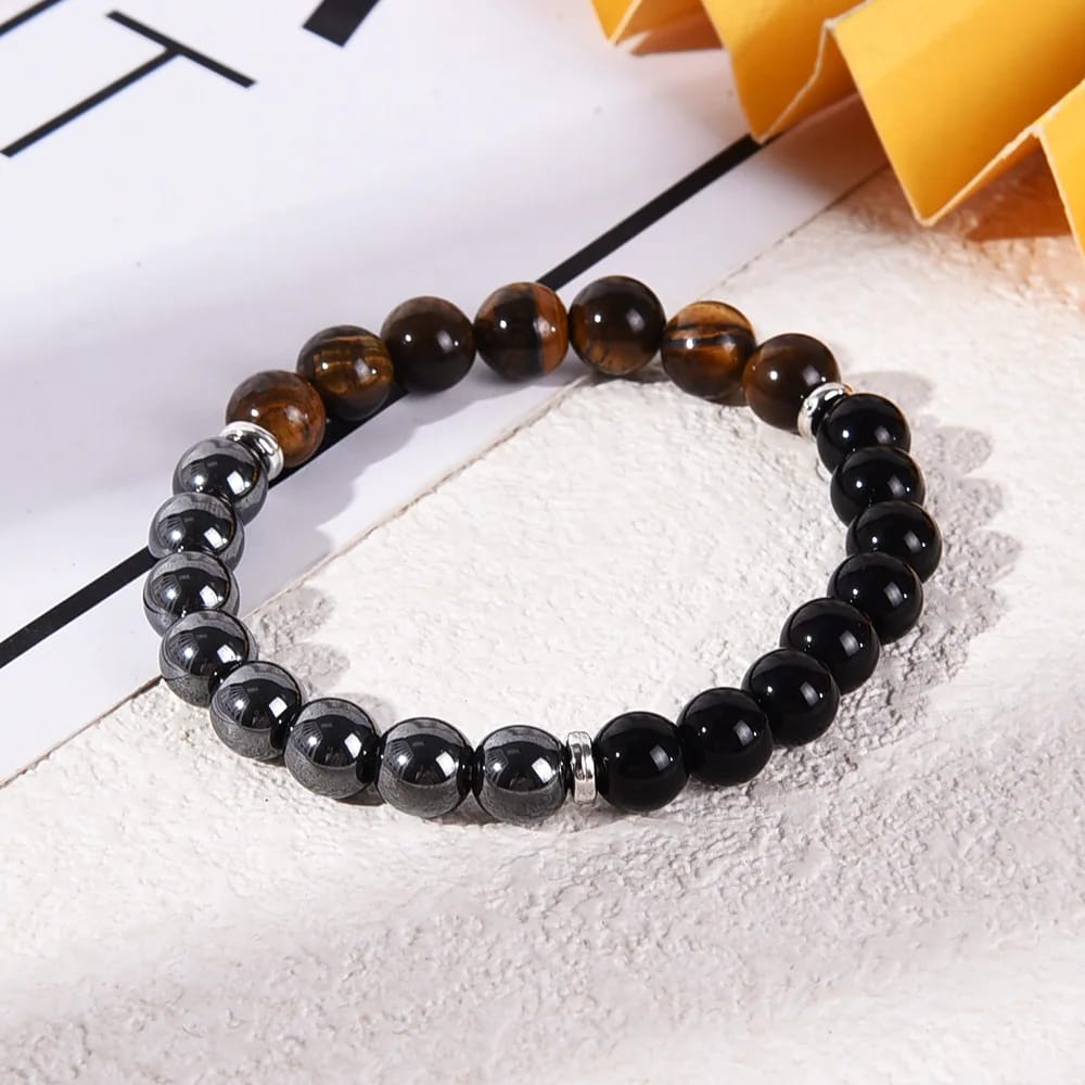 Pulsera de Triple Protección con Ojo de Tigre, Obsidiana Negra y Hematita. Piedras naturales de 8mm, elástica.