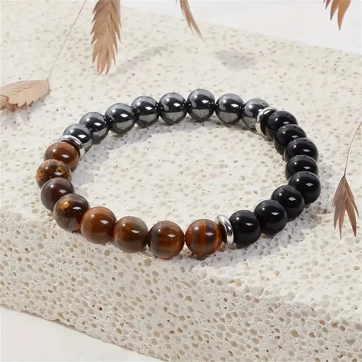 Pulsera de Triple Protección con Ojo de Tigre, Obsidiana Negra y Hematita. Piedras naturales de 8mm, elástica.