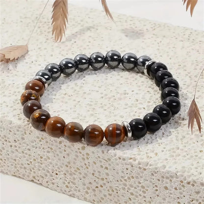 Pulsera de Triple Protección con Ojo de Tigre, Obsidiana Negra y Hematita. Piedras naturales de 8mm, elástica.